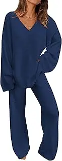 [PRETTYGARDEN] Women's 2 Piece Pullover Sweater Set Oversized V Neck Top Wide Leg Pants Fall Winter Fuzzy Lounge Outfit