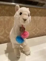 Autora Myoini 12” Alpaca Plush Cream Llama With Pink & Blue Pom Poms