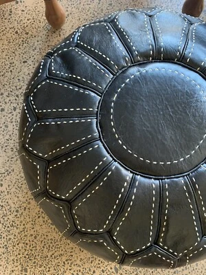 Moroccan Stitched Ottoman Pouf Pouffe Footstool NEW Goat Leather BLACK