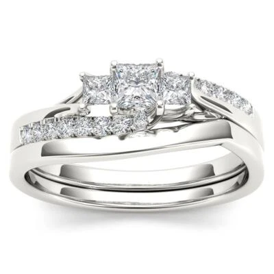 14k White Gold Round Cut 0.5Ct Diamond Bridal Set Ring Size 6 Clarity I2
