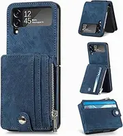 Business 2-in-1 Detachable Zip Card Holder Leather Phone Case for Samsung Galaxy Z FLIP 3/Z FLIP 4 5G Back Cover, Soft TPU Border Stand Shell(Blue,Z Flip 4)