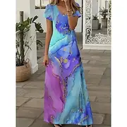 Women's Midi Dress Sundress A Line Dress Vacation Casual Boho Going out Loose Fit Ombre Graphic Geometric Short Sleeve V Neck Blue Summer Spring Fall