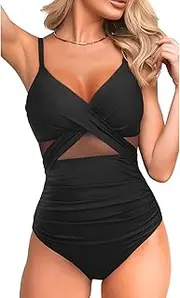 [Tempt Me] Women One Piece Bathing Suits Tummy Control Swimsuits Cutout Mesh Front Cross Swimwear