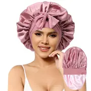 Women Satin Night Sleep Cap Hair Bonnet Hat Head Cover Wide Elastic Band-Pink