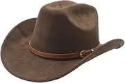 YFVFAGDMKV Men's Western Cowboy Hat Cotton-Polyester Blend Suede Brim Seasonal 56-58cm with Curved Brim(Brown)