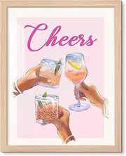 Cheers Wall Art Prints Funky Champagne Cocktail Cheers Picture Pink Aesthetic Room Decor Happy Cheers Alcohol Drinks Poster Framed Artwork for Girls Room Home Bar Pub Bar Cart Decoration - 8"x10"x1Pcs