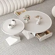 EKDJSN Round Coffee Table Set of 2, White Nesting Table with 2 Storage Drawers, Higher Edge Design, Silent and Smooth Guide Rails, Thickened Tabletop Can Bear 100kg