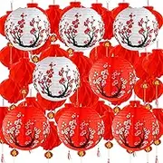 60 Pieces Chinese Japanese Paper Lantern Includes 8 Cherry Blossom Japanese Paper Lantern 52 Chinese Red Lanterns 12 Inches Red Cherry Flowers Paper Lanterns for Spring Festival New Year Wedding