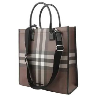 【BURBERRY 巴寶莉】Denny 塗層帆布及小牛皮直式托特包(暗樺木棕色)/ 平行輸入