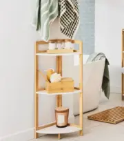 Bamboo and White 3 Tier Corner Shelf outdoor or indoor use plant stand-cosmetics