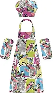 AIXIWAWA Kids Apron Chef Hat Set, Child Kitchen Bib Aprons Adjustable for Cooking Baking Painting (Vivid Gamepads)