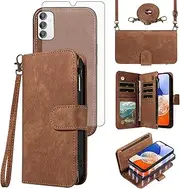 [Asuwish] Phone Case for Samsung Galaxy A14/M14 5G Zipper Wallet Detachable Magnetic Cover with Tempered Glass Screen Protector Crossbody Lanyard Strap Card Holder A 14 4G 14A 14M G5 Women Girls Brown