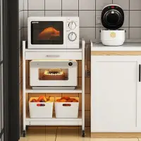 在飛比找蝦皮購物優惠-白色三層廚房微波爐置物架落地多層可移動烤箱電飯煲收納架帶抽屜