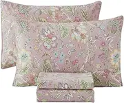 [URBONUR] Pink Floral Sheet Set Queen Size 4-Pieces 100% Cotton Percale Sheets for Queen Bed Shabby Vintage Flowers Bed Sheets Queen Soft Crisp Luxury Bedding Set, Deep Pocket Sheets