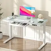 Advwin Electric Standing Desk with Drawer, Glass Desktop Height Adjustable Sit Stand Desk with USB & Type C Outlet, Home Office Ergonomic Workstation, 120x60cm White