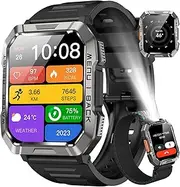Military Smart Watch for Men(Answer/Make Call), Outdoor Sports Smartwatch with Flashlight/100 Days Battery/Compass/Heart Rate/SpO2/Sleep Monitor/2 Straps, Fitness Tracker for iPhone/Android Phones