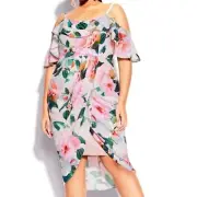 City Chic Womens Pink Green Floral Draped Mini Dress Sz Plus size Small 16