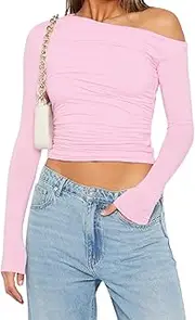 [Meladyan] Women One Off Shoulder Long Sleeve Crop Top T Shirt Solid Ruched Slim Fit Sexy Cropped Tee Shirts Tops