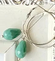 Green Crystal Teardrop & Silver Lever Back Hoop Dangle Earrings.