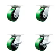 5 Inch Green Poly on Cast Iron Swivel Caster Set 2 Swivel Locks 2 Brakes SCC
