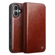 QIALINO For iPhone 16 Case Genuine Cow Leather Card Holder Stand Flip Phone Cover Brown