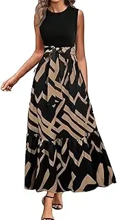 [Generic] Summer Casual Color Block Floral Spliced Sleeveless Long Dress Ladies Waist Wrap Floral Print High Waist Fashion Elegant Dresses Petite Maxi Womens Red Sleeveless Dress Black Shirt