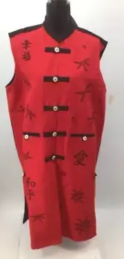 Venus Imports Womens Long Vest Red Black Dragonfly Mandarin Collar Cotton L New