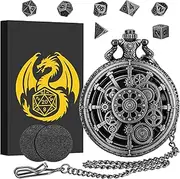 Mini DND Dice Set with Steampunk Pocket Watch Case in Dark Silver with Hollow Gear, 7-Piece Polyhedral D&D Dice Set Made of Metal, DND Gifts, Role Play Board Game Accessories, Dark Silver