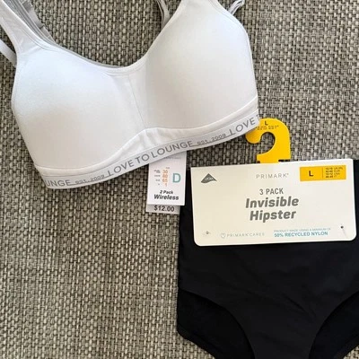 PRIMARK NWT 2 Wireless Crop Top Lounge Bras 30D & 3 Invisible Hipster Briefs L