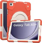 [Andnary] Case for Samsung Galaxy Tab A9+, Heavy Duty Shockproof Cover with Pencil Holder/360° Rotating Handheld Stand/Shoulder Strap, A9 Plus Case 11 Inch 2023 for SM-X210/X216/X218, Orange