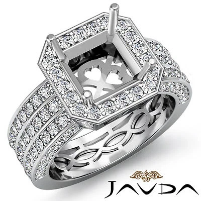 3Row Diamond Designer Engagement Princess Semi Mount Ring 14k W Gold Halo 1.45Ct