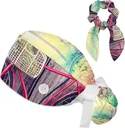 [FVQL] Pack of 2 Surgical Cap with Hair Scrunchies, Ponytail Scrub Cap, Farm and Bike Sunset
