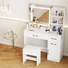 Dressing Table with Mirror and Lights, Power Outlet and LED Strip, 3-Color Adjus