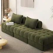 Oikiture 3 Seater Sofa with Ottoman Boucle Floor Sofa Couch Green