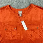 Chico's Shirt Women Extra Large Orange Soft Faux Suede Tunic Roll Tab Sleeve NEW