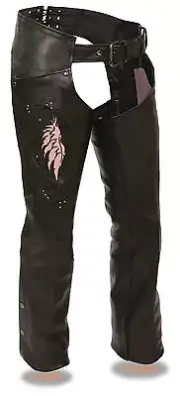 Ladies Naked Cowhide Leather Biker Chaps w/ Pink Wing Embroidery, Studding