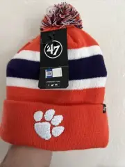 Clemson Tigers 47 Brand Knit Bering Hat Cuff Beanie Pom stocking Cap NWT OSFA