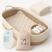 ZEAL'N LIFE Baby Changing Basket with Waterproof Pad, Diaper Caddy Organizer, Blanket & Cotton Bag, Portable Changing Table Topper for Dresser, Travel, Boho Nursery Decor, Changing Pad (Beige)