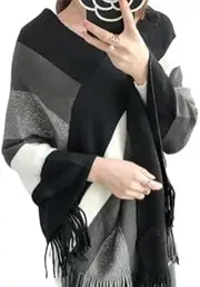 [Generic] Women's Knitted Shawl Poncho with Fringed Capelet V-Neck Striped Sweater Pullover Cape