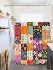 Clblhlolkuy Waterproof Shower Curtain for Bathroom, Spring Rectangular Stitching Vintage Flowers Orange Purple Hotel Fabric Soft Bath Curtain with Semi-Transparent Top Window & Hooks, 72"x72"