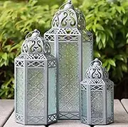 VELA Lanterns Moroccan Candle Lantern Decorative Set of 3 for Floor, Ramadan Decorations, Indoor Home Decor, Outdoor Patio or Porch, Weddings, Silver