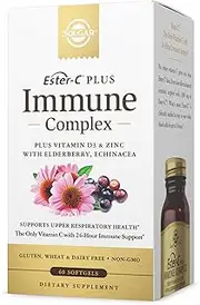 Solgar Ester-C Plus Immune Complex, 24 Hr Immune Support, Supports Upper Respiratory Health - Plus D3, Zinc, Elderberry & Echinacea - Non-GMO, Gluten Free, Dairy Free - 30 Servings, 60 Softgels