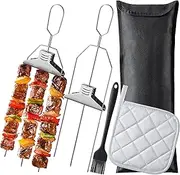 Kabob Skewers for Grilling - 5Pcs 3 Way Grill Skewers with Potholder and Oil Brush, Reusable Stainless Steel Barbecue Skewers with Push Bar, BBQ Accessory for Meat Sausages Shrimp Veggie