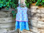 New Seed Heritage girl dress white denim pink embroidered geometric pom pom sz 8