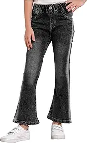 [Riismen] Kids Girls Flared Jeans Washed Denim Bell-Bottom Pants Casual Elastic Waistband Long Pants