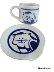 Artist Signed 2pc Blue White Stoneware Espresso Cup Saucer Tray Happy Cat 5 in