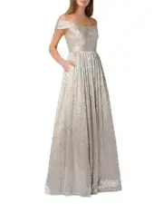 $550 Aidan Mattox Women's Silver Metallic Off The Shoulder Gown Dress Size 0 NEW