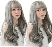KAILIKETIY Medium-length Hair Wig Set for Women Curly Wigs Bangs Fashion Hair Cover for Party (60cm Grey)