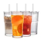 NNEOBA Stripe Glass Coffee Cup with Lid and Straw