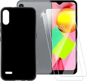 ESACMOT Pure Black Case Compatible with LG K22 + [2 Pack] Screen Protector Tempered Glass, Shockproof Case Cover for LG K22+ (6.2 inch)